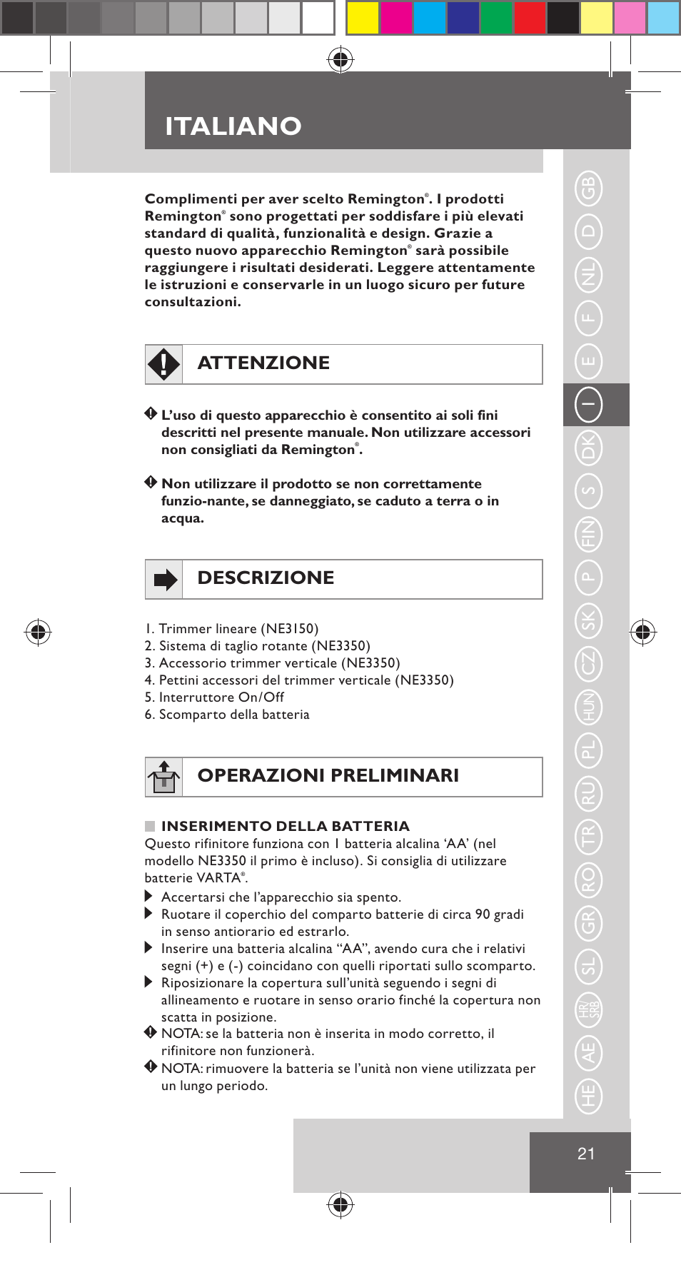 Italiano, Attenzione, Descrizione | Operazioni preliminari | Remington NE3350 User Manual | Page 28 / 96