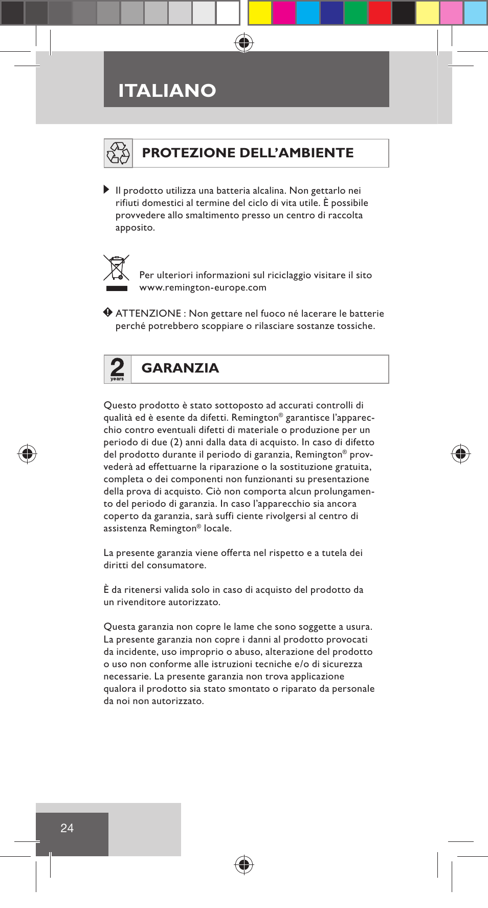 Italiano, Protezione dell’ambiente, Garanzia | Remington NE3350 User Manual | Page 31 / 96