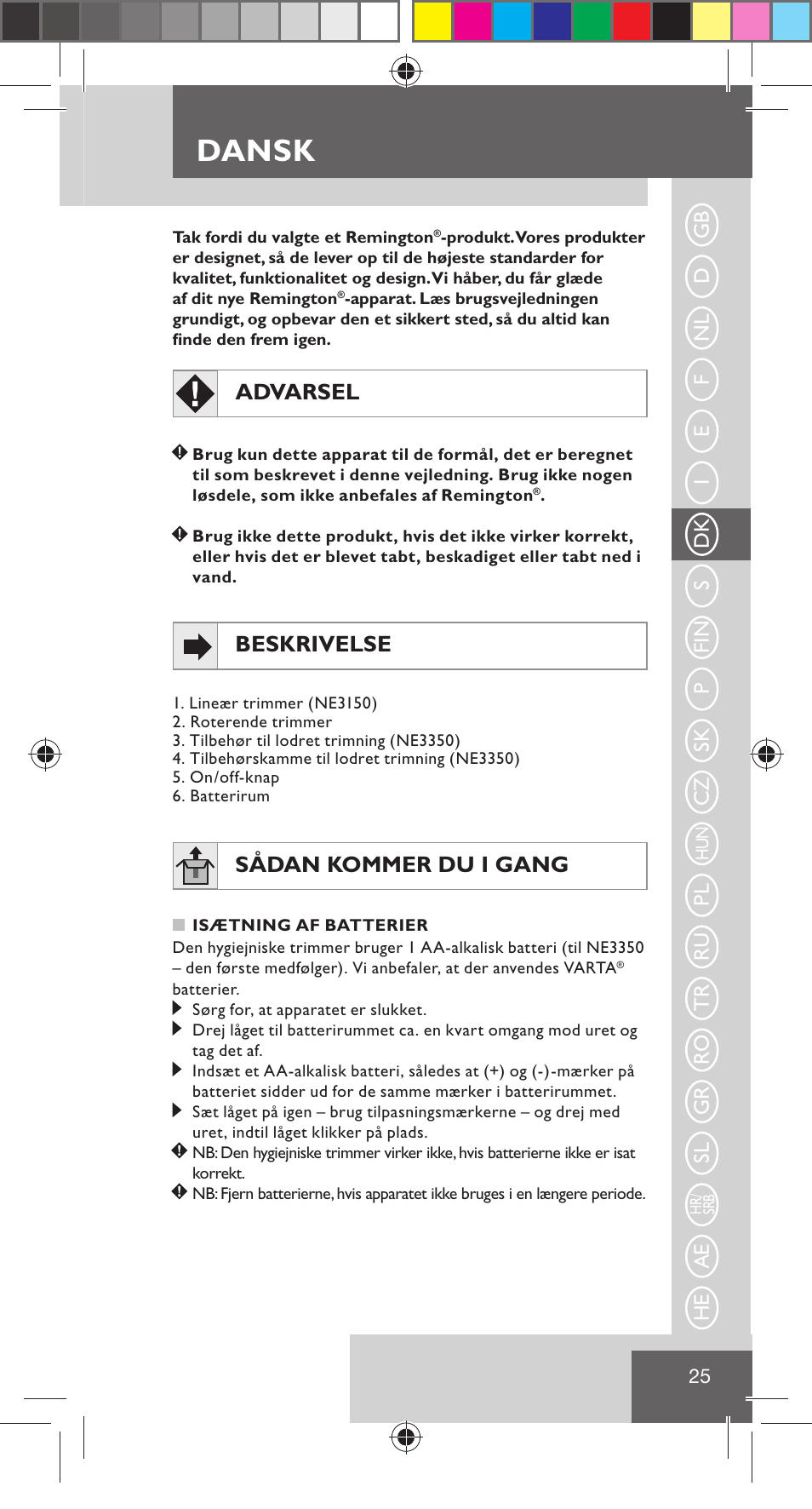 Dansk, Advarsel, Beskrivelse | Sådan kommer du i gang | Remington NE3350 User Manual | Page 32 / 96