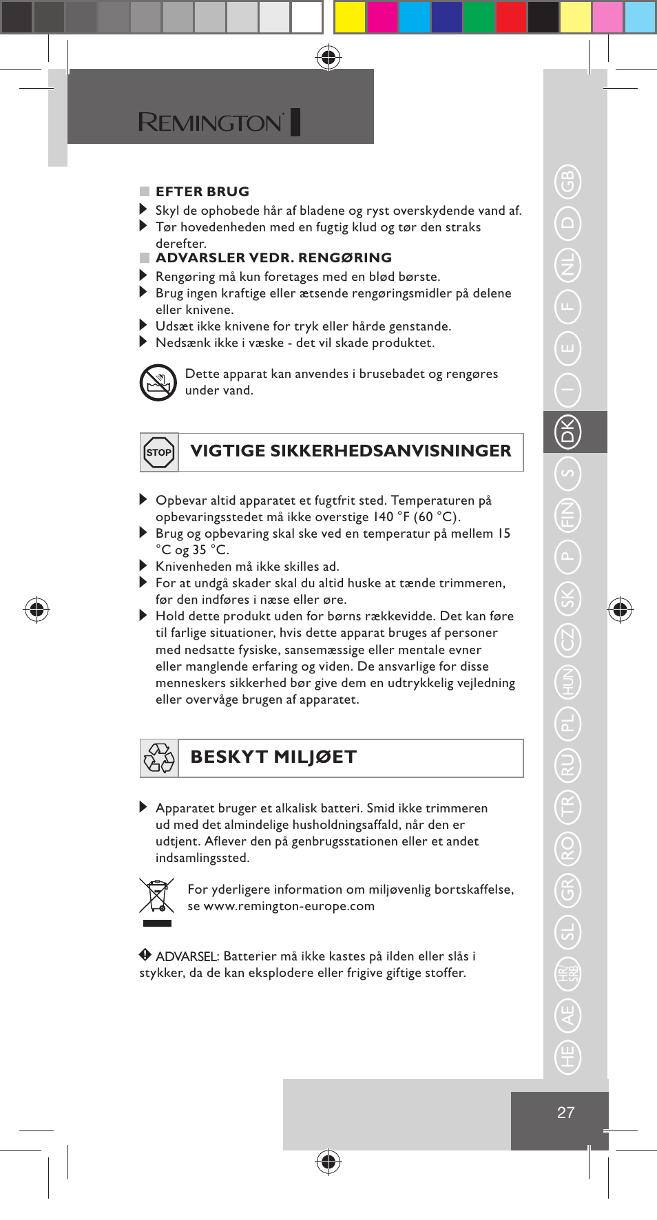 Beskyt miljøet | Remington NE3350 User Manual | Page 34 / 96