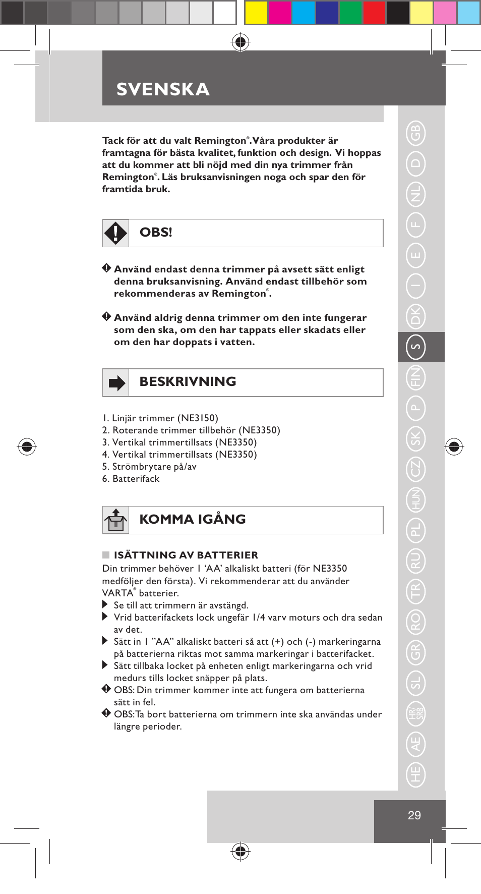 Svenska, Beskrivning, Komma igång | Remington NE3350 User Manual | Page 36 / 96