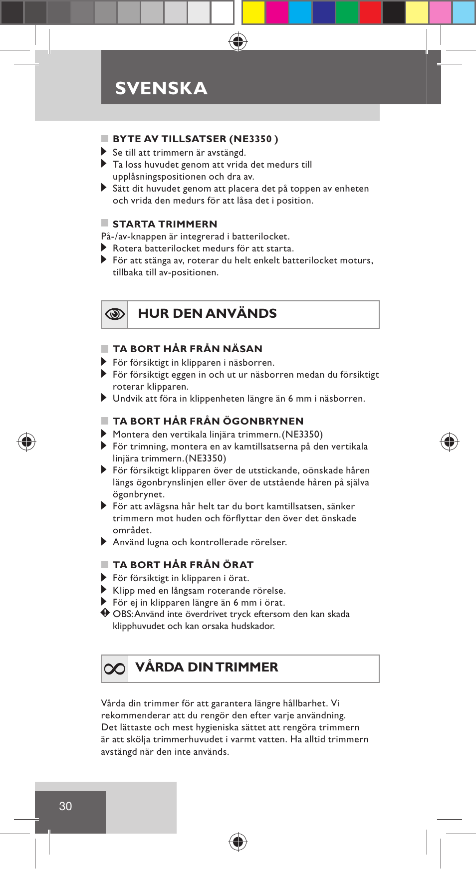 Svenska, Hur den används, Vårda din trimmer | Remington NE3350 User Manual | Page 37 / 96
