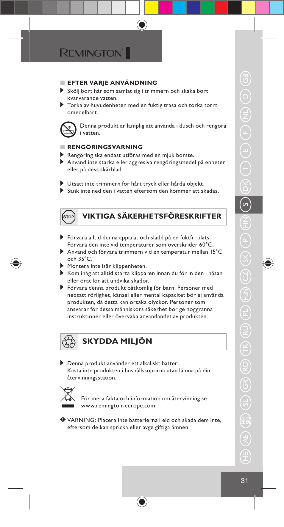 Skydda miljön | Remington NE3350 User Manual | Page 38 / 96