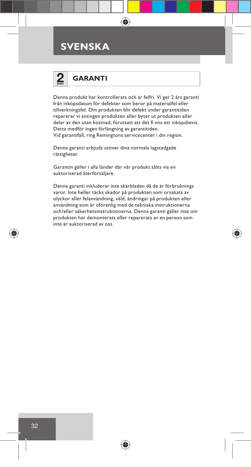 Svenska, Garanti | Remington NE3350 User Manual | Page 39 / 96