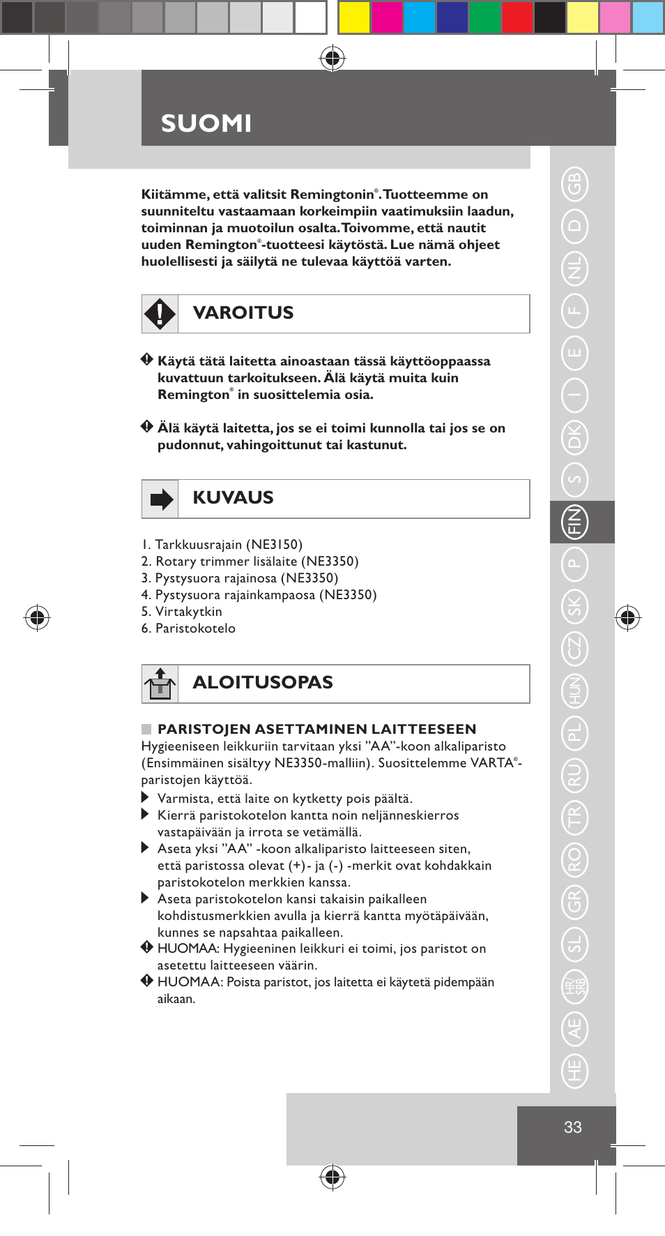 Suomi, Varoitus, Kuvaus | Aloitusopas | Remington NE3350 User Manual | Page 40 / 96