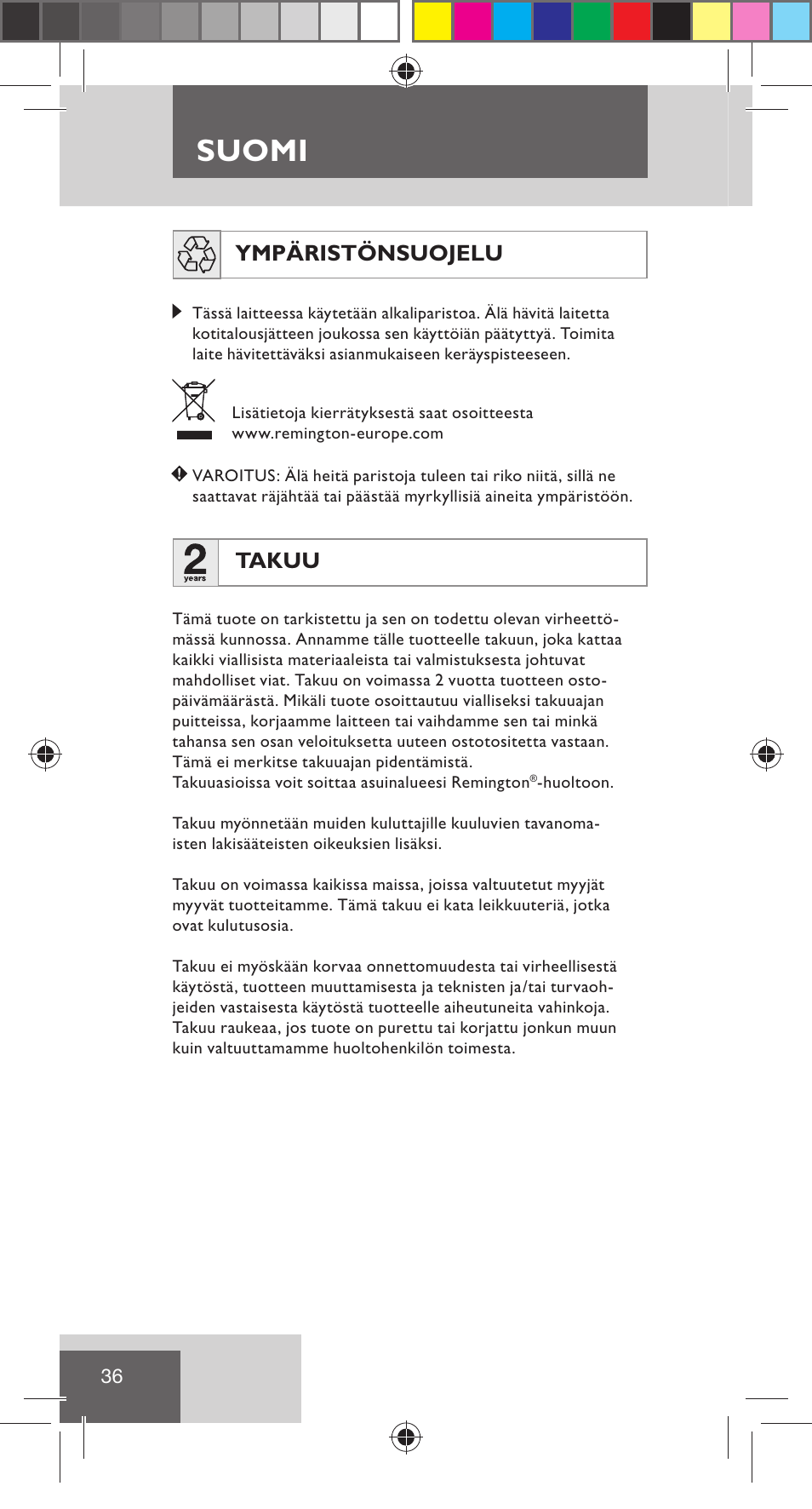 Suomi, Ympäristönsuojelu, Takuu | Remington NE3350 User Manual | Page 43 / 96