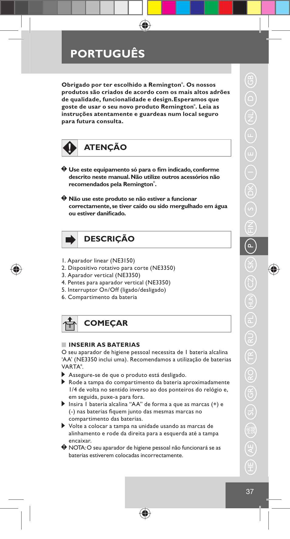 Português, Atenção, Descrição | Começar | Remington NE3350 User Manual | Page 44 / 96