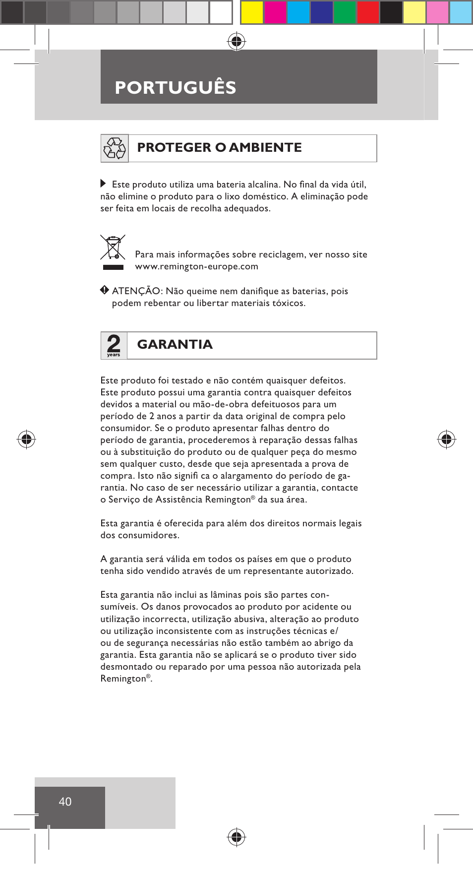 Português, Proteger o ambiente, Garantia | Remington NE3350 User Manual | Page 47 / 96