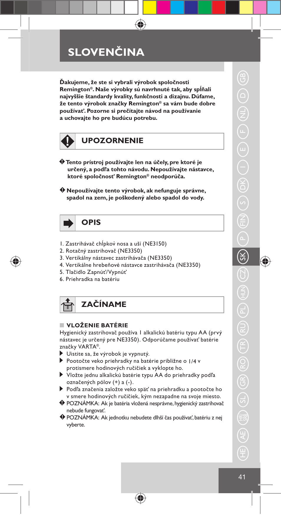 Sloven čina, Upozornenie, Opis | Začíname | Remington NE3350 User Manual | Page 48 / 96