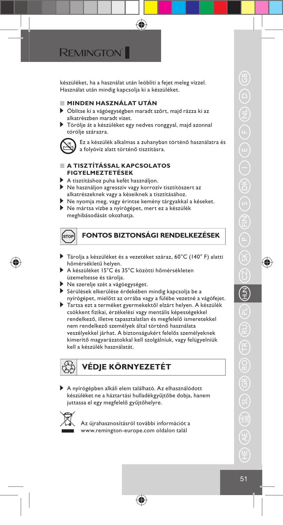Védje környezetét | Remington NE3350 User Manual | Page 58 / 96