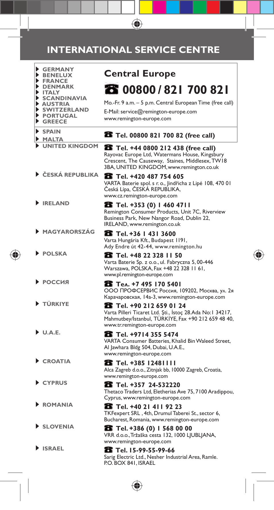 International service centre, Central europe | Remington NE3350 User Manual | Page 6 / 96