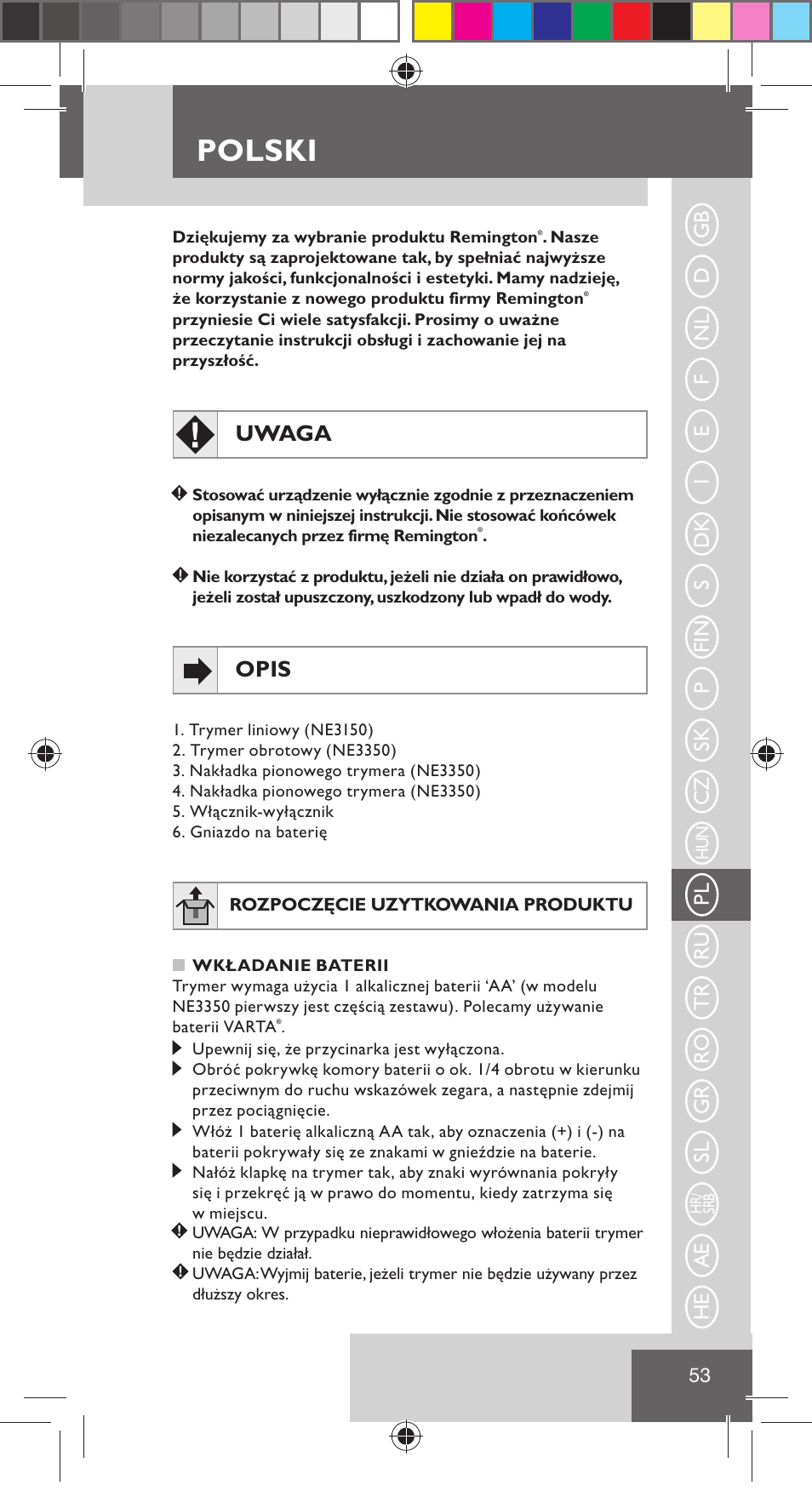 Polski, Uwaga, Opis | Remington NE3350 User Manual | Page 60 / 96