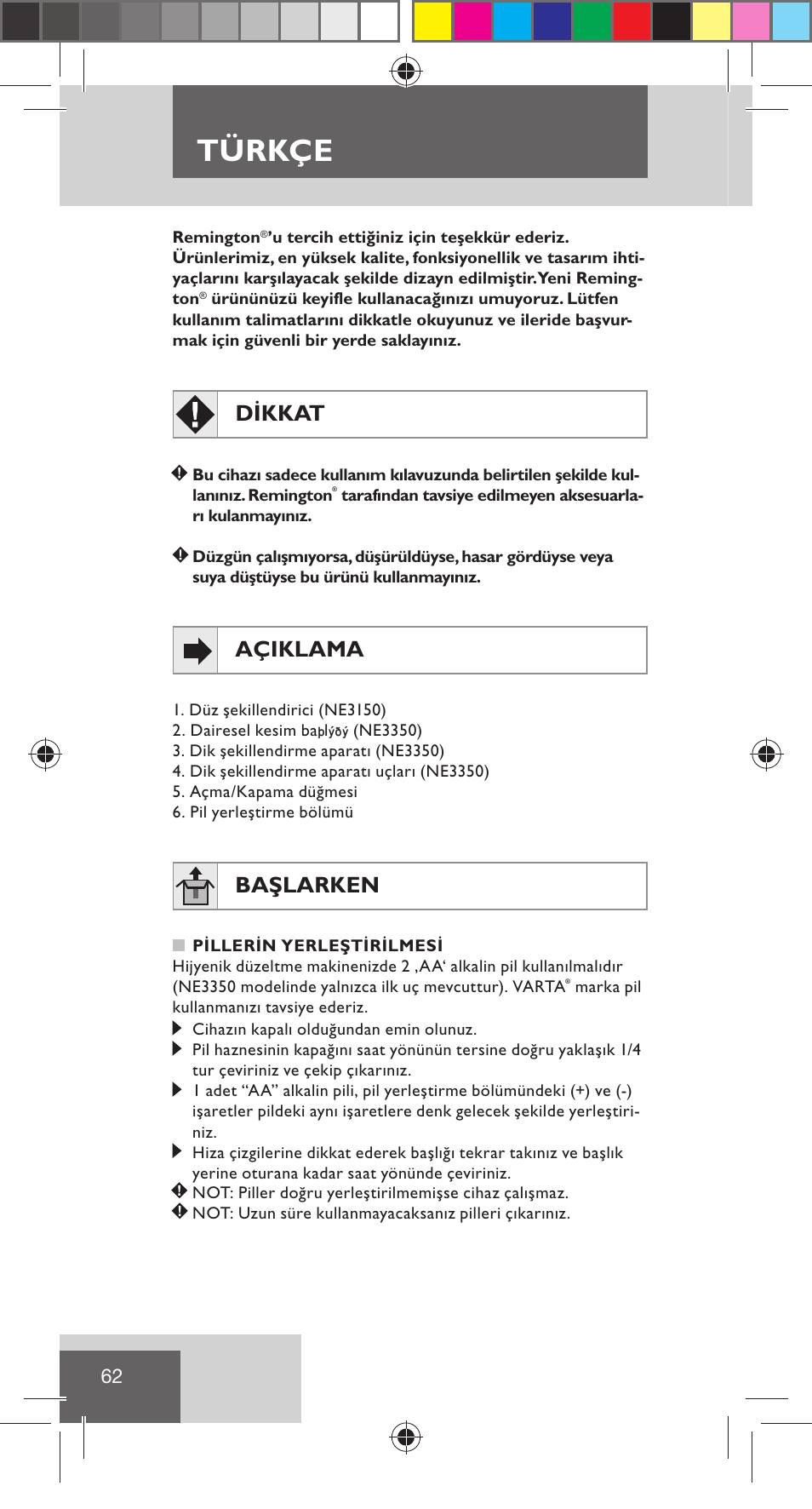 Türkçe, Dikkat, Açiklama | Başlarken | Remington NE3350 User Manual | Page 69 / 96