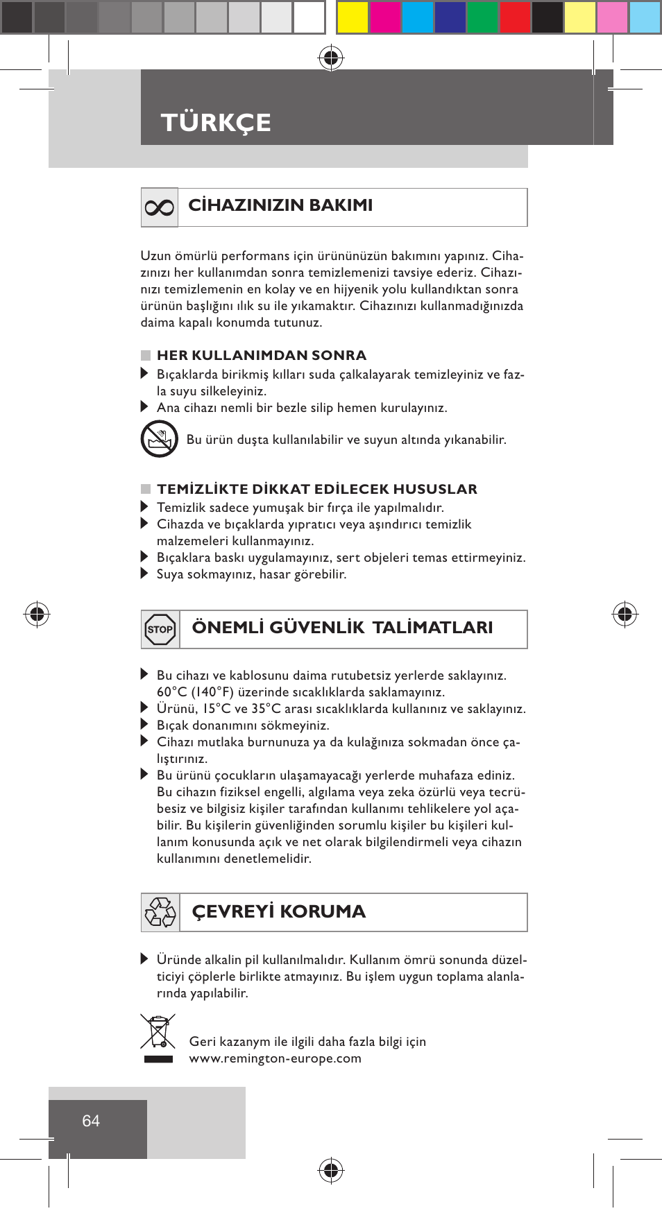 Türkçe, Çevreyi koruma | Remington NE3350 User Manual | Page 71 / 96