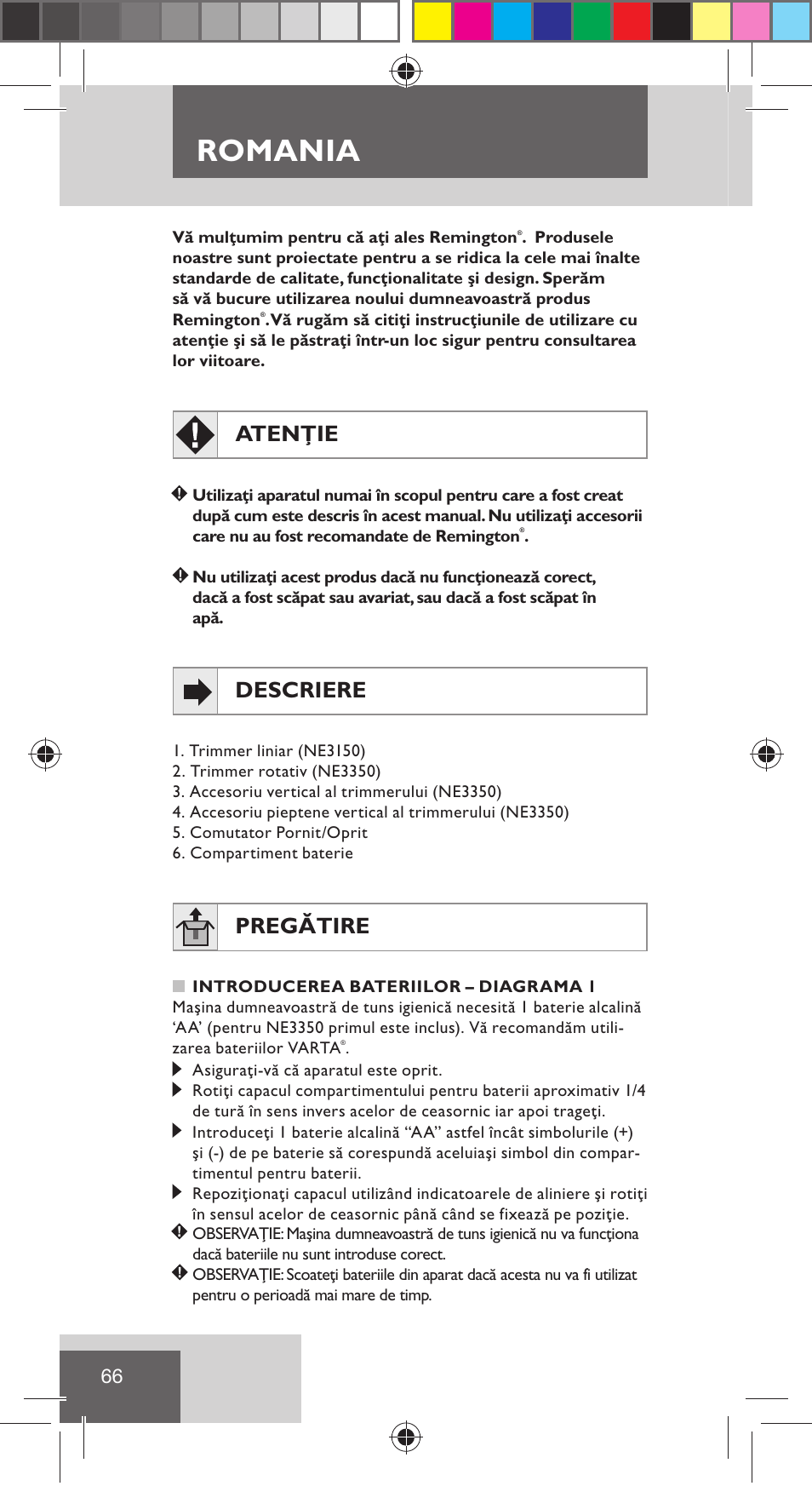 Romania, Atenţie, Descriere | Pregătire | Remington NE3350 User Manual | Page 73 / 96