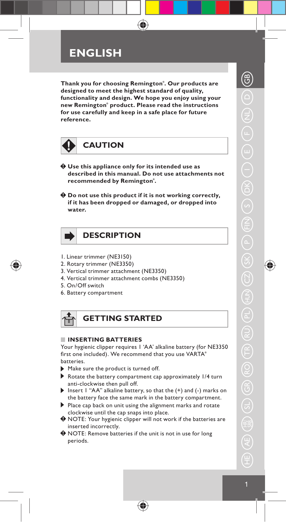 English, Caution, Description | Getting started | Remington NE3350 User Manual | Page 8 / 96