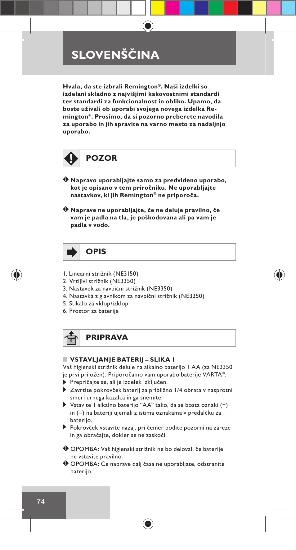 Slovenščina, Pozor, Opis | Priprava | Remington NE3350 User Manual | Page 81 / 96