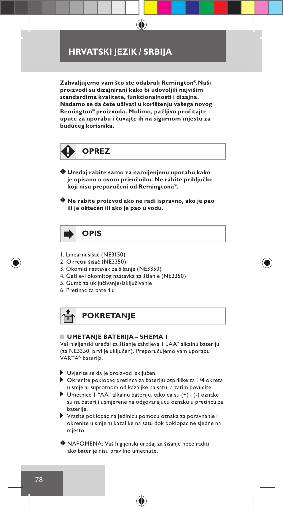 Hrvatski jezik / srbija, Oprez, Opis | Pokretanje | Remington NE3350 User Manual | Page 85 / 96