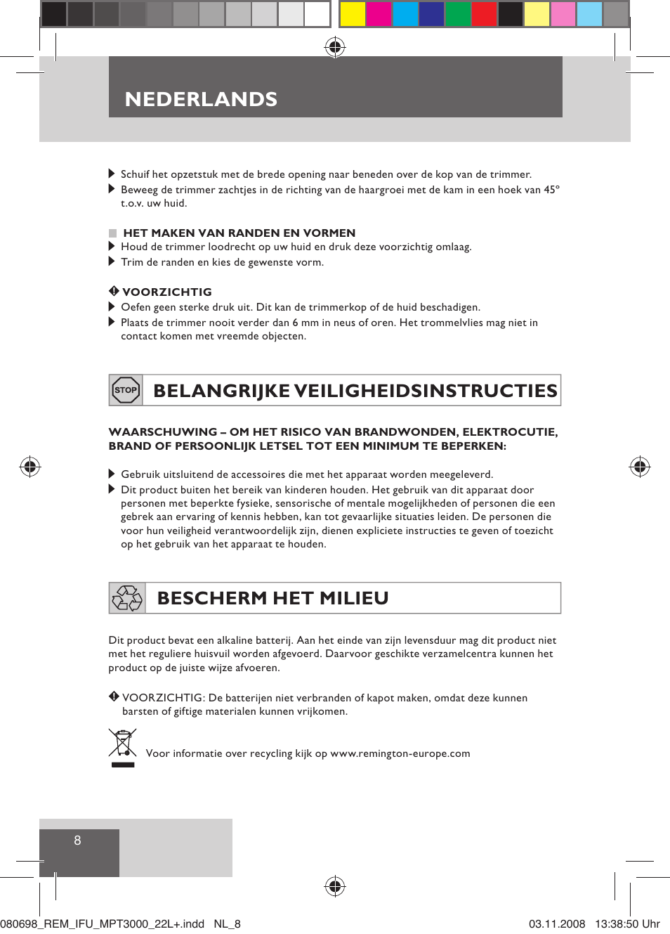 Nederlands, Belangrijke veiligheidsinstructies, Bescherm het milieu | Remington MPT3000 User Manual | Page 10 / 70