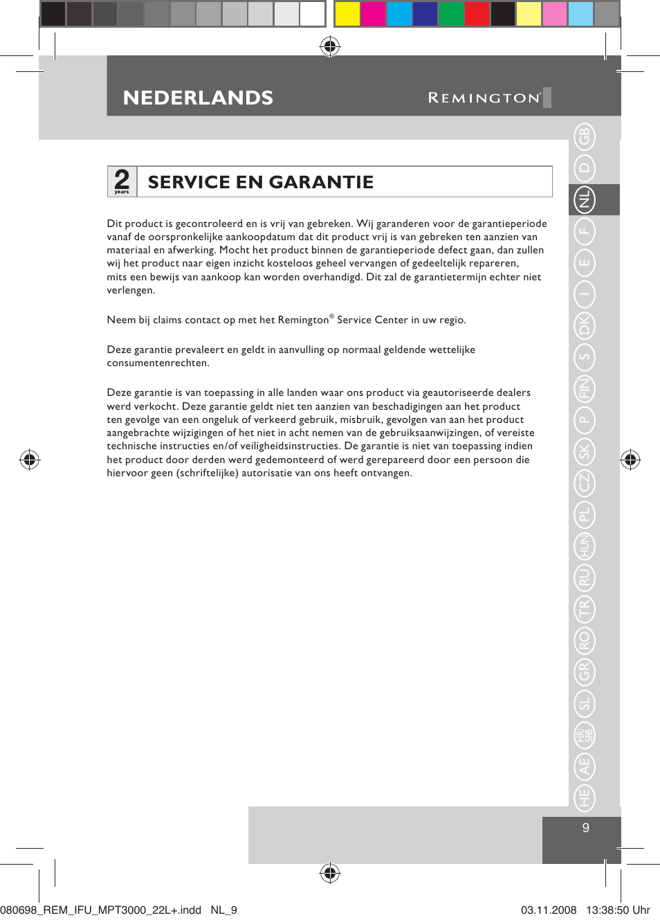 Nederlands, Service en garantie | Remington MPT3000 User Manual | Page 11 / 70