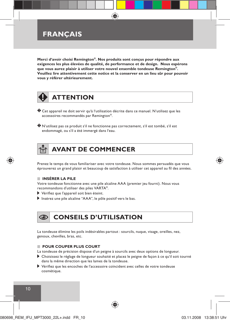 Français, Attention, Avant de commencer | Conseils d’utilisation | Remington MPT3000 User Manual | Page 12 / 70