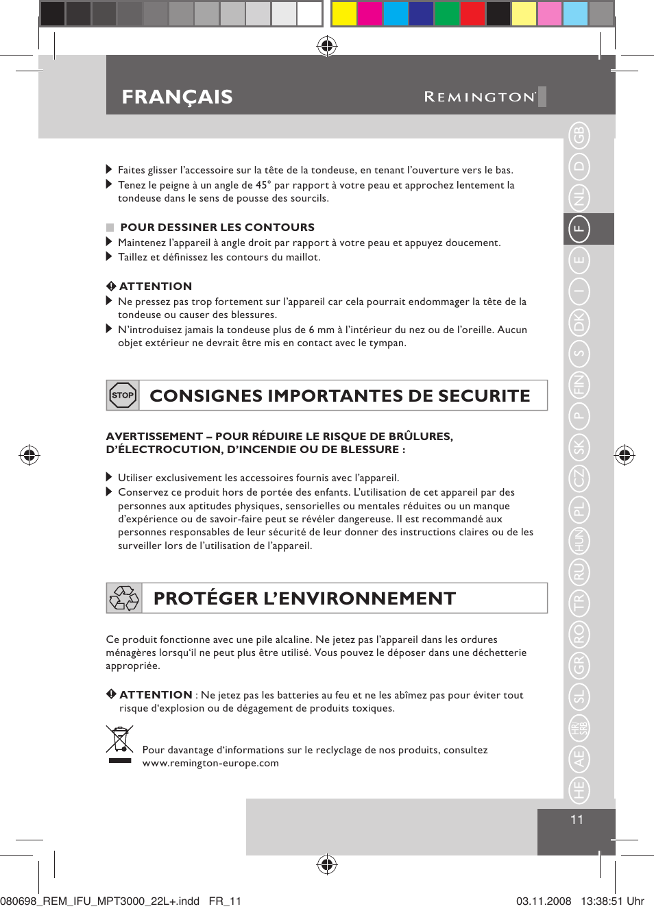 Français, Protéger l’environnement, Consignes importantes de securite | Remington MPT3000 User Manual | Page 13 / 70