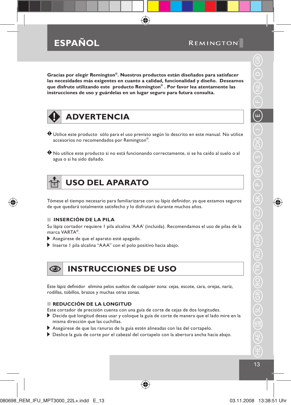 Español, Advertencia, Uso del aparato | Instrucciones de uso | Remington MPT3000 User Manual | Page 15 / 70