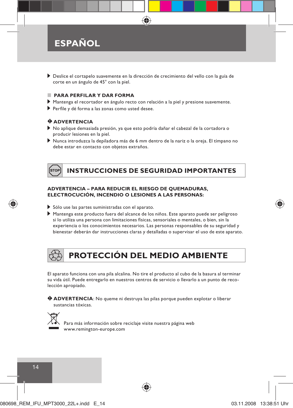 Español, Protección del medio ambiente, Instrucciones de seguridad importantes | Remington MPT3000 User Manual | Page 16 / 70