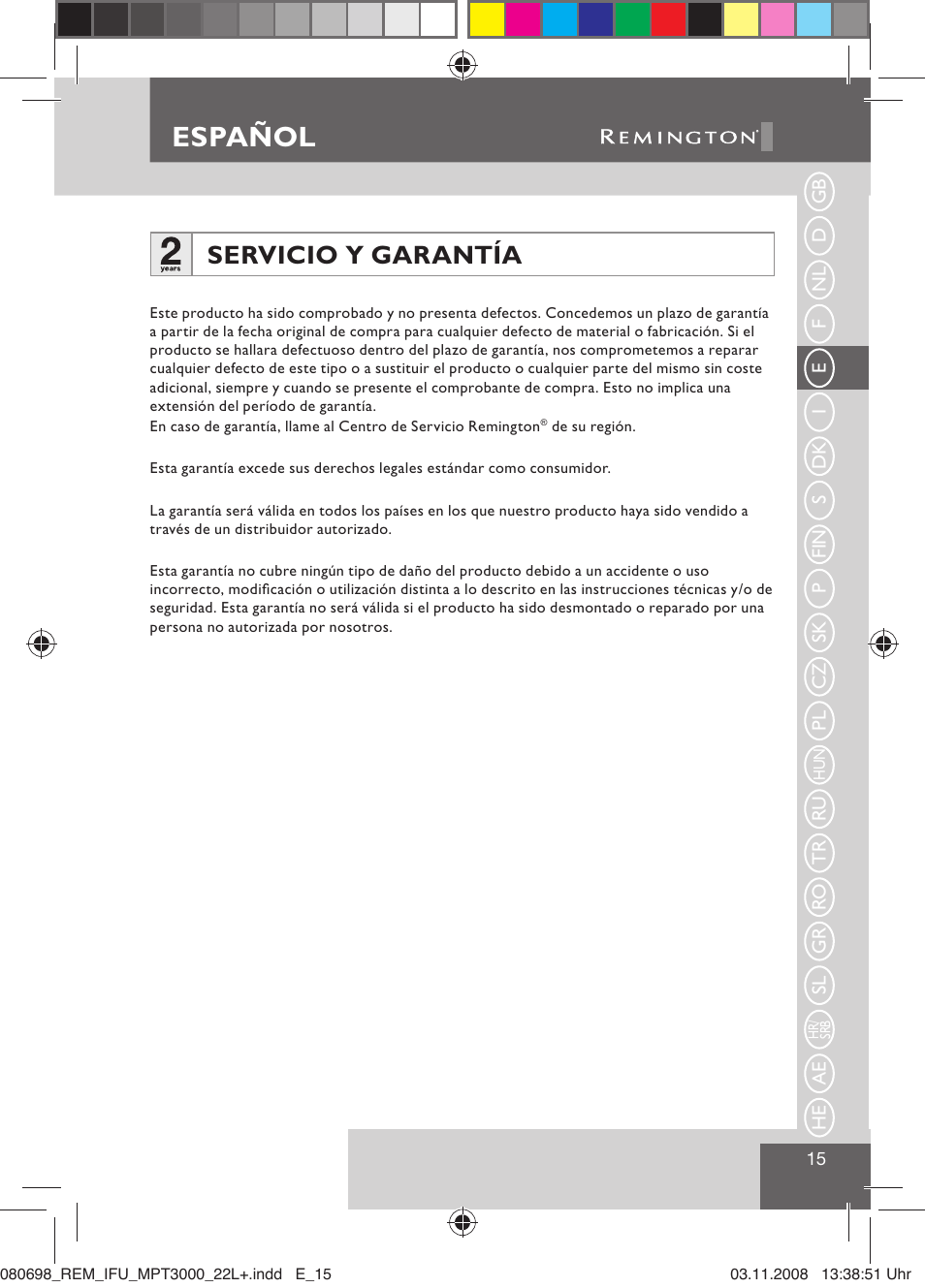 Español, Servicio y garantía | Remington MPT3000 User Manual | Page 17 / 70