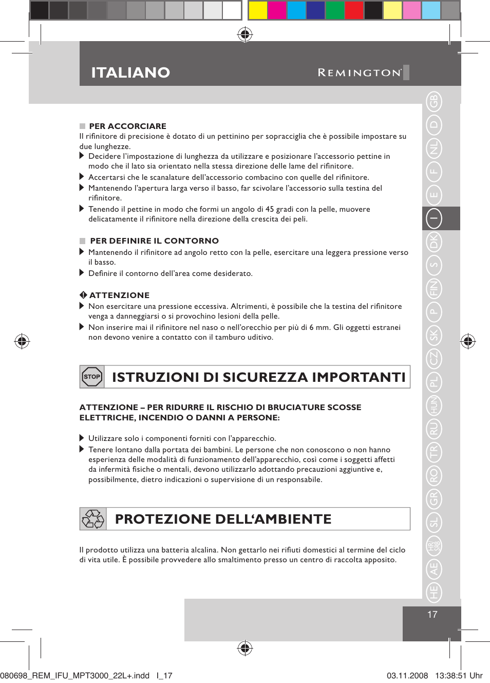 Italiano, Istruzioni di sicurezza importanti, Protezione dell‘ambiente | Remington MPT3000 User Manual | Page 19 / 70