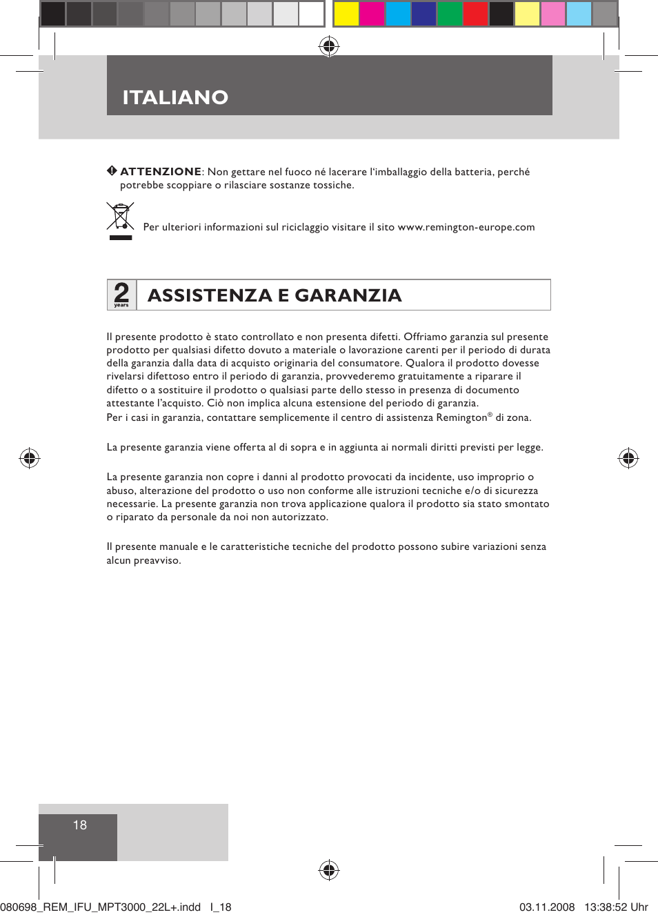 Italiano, Assistenza e garanzia | Remington MPT3000 User Manual | Page 20 / 70