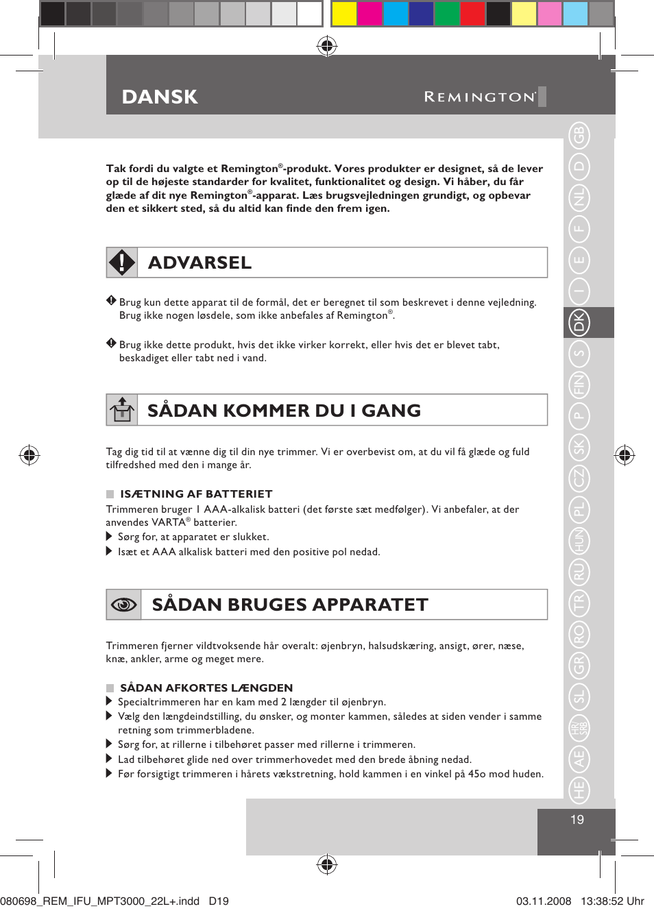 Dansk, Advarsel, Sådan kommer du i gang | Sådan bruges apparatet | Remington MPT3000 User Manual | Page 21 / 70