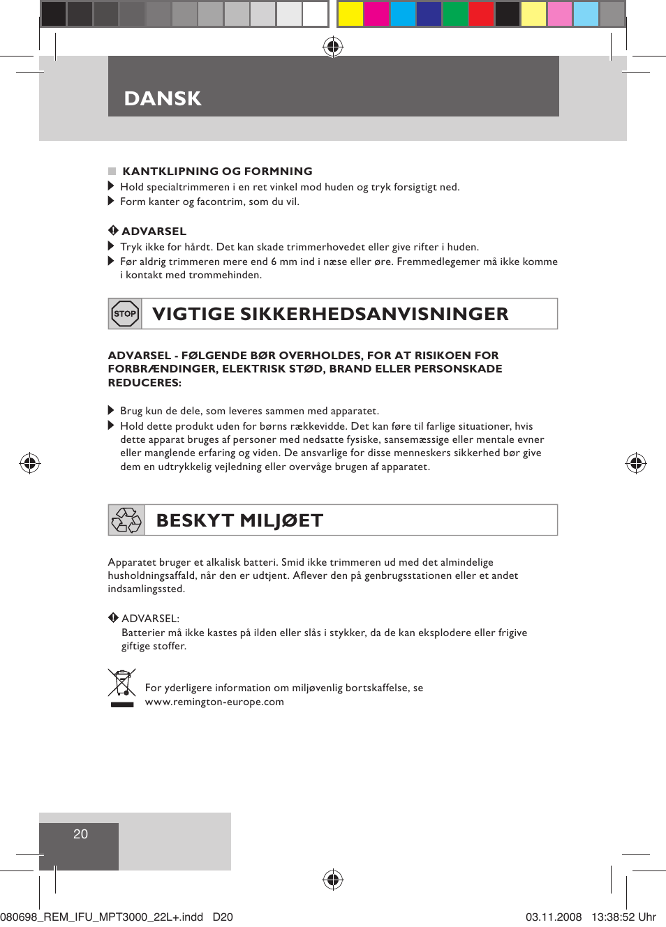 Dansk, Vigtige sikkerhedsanvisninger, Beskyt miljøet | Remington MPT3000 User Manual | Page 22 / 70