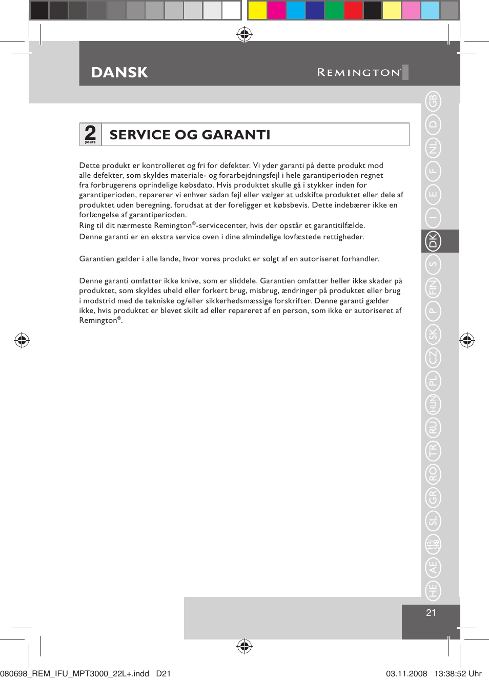 Dansk, Service og garanti | Remington MPT3000 User Manual | Page 23 / 70