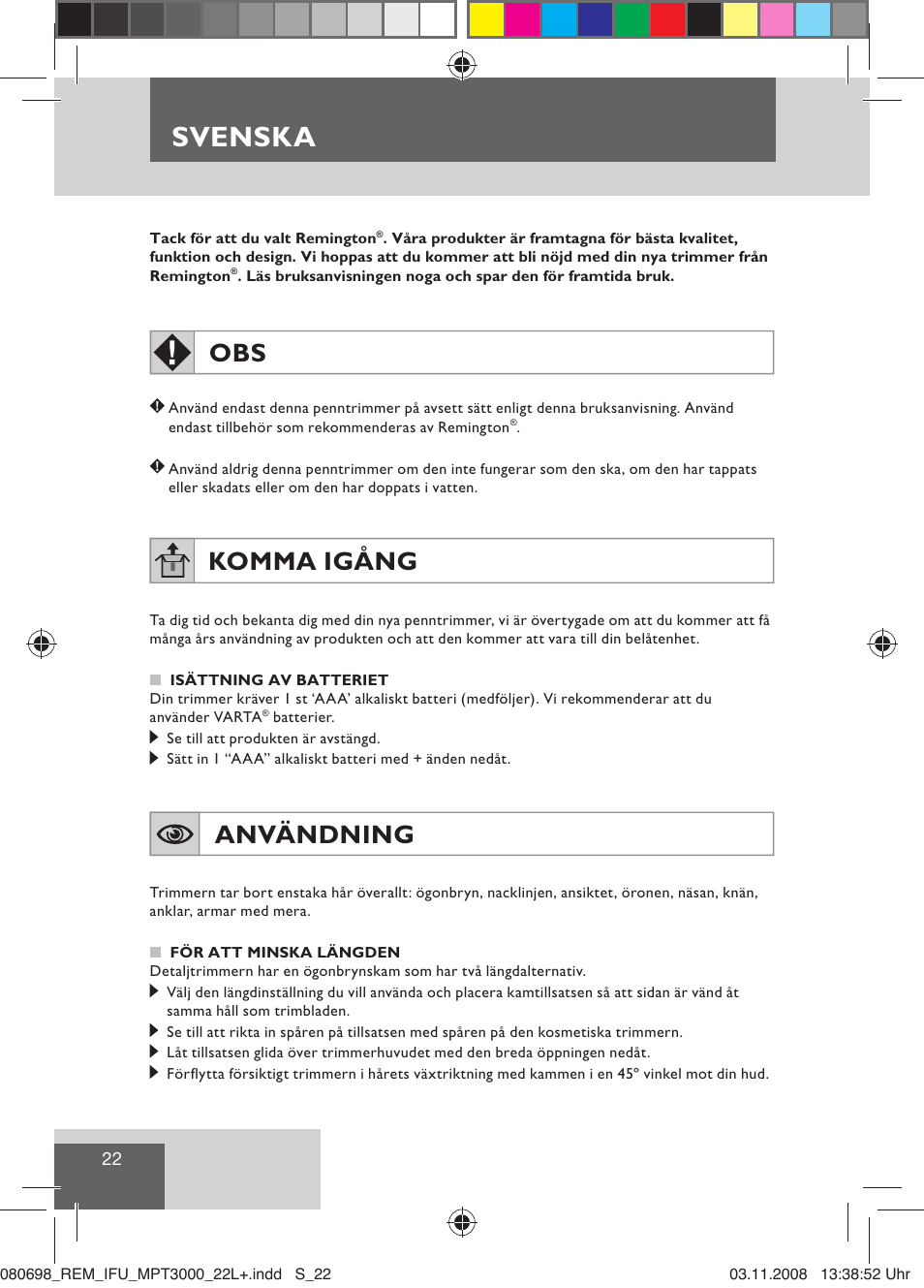 Svenska, Komma igång, Användning | Remington MPT3000 User Manual | Page 24 / 70