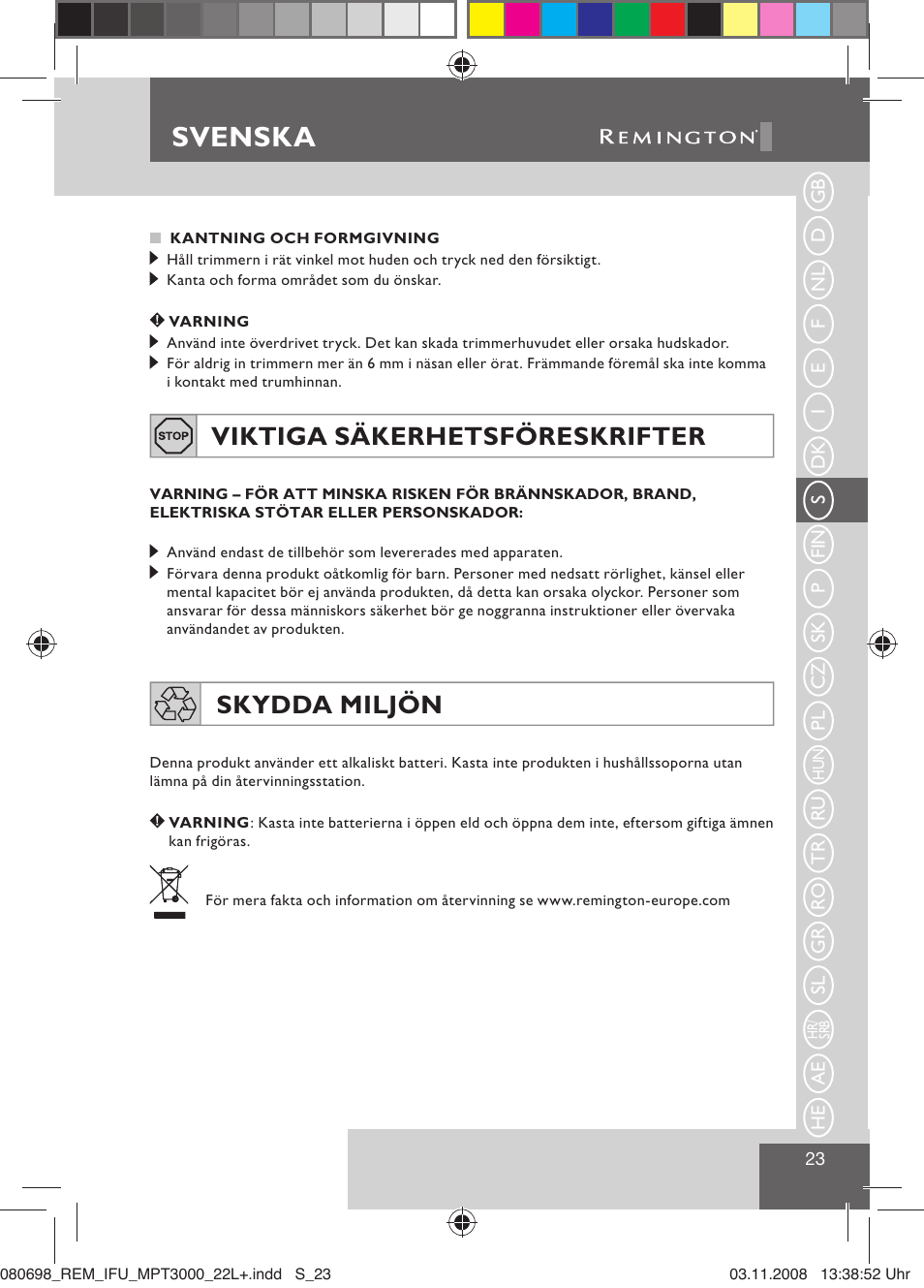 Svenska, Viktiga säkerhetsföreskrifter, Skydda miljön | Remington MPT3000 User Manual | Page 25 / 70