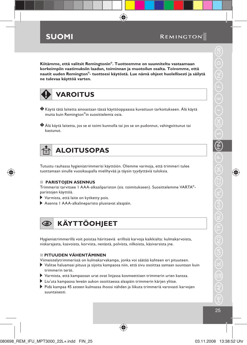 Suomi, Varoitus, Aloitusopas | Käyttöohjeet | Remington MPT3000 User Manual | Page 27 / 70