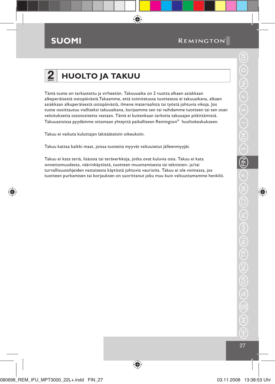 Suomi, Huolto ja takuu | Remington MPT3000 User Manual | Page 29 / 70