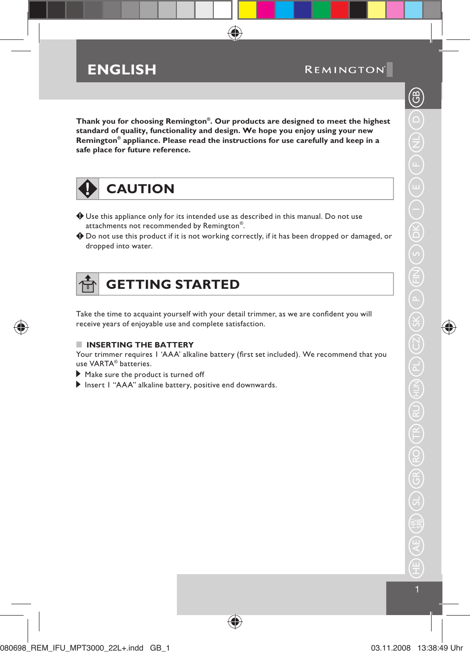English, Caution, Getting started | Remington MPT3000 User Manual | Page 3 / 70