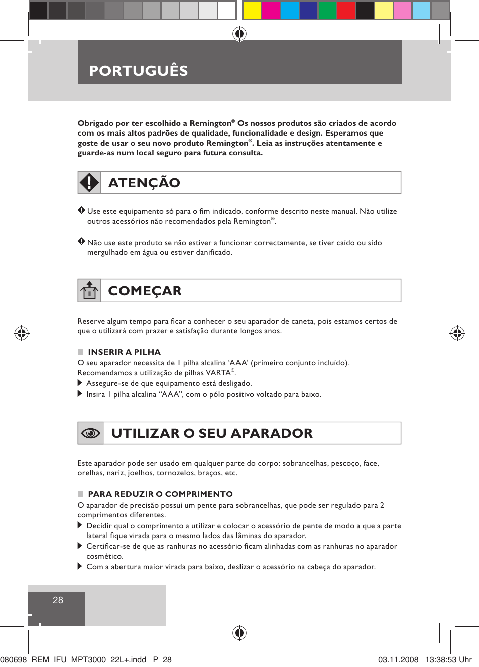 Português, Atenção, Começar | Utilizar o seu aparador | Remington MPT3000 User Manual | Page 30 / 70