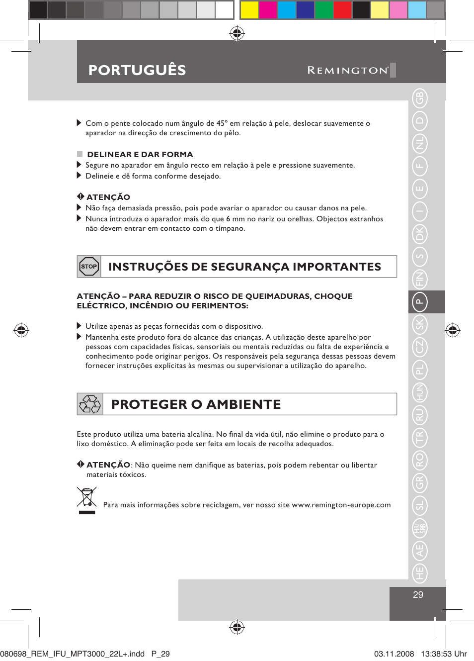 Português, Proteger o ambiente, Instruções de segurança importantes | Remington MPT3000 User Manual | Page 31 / 70