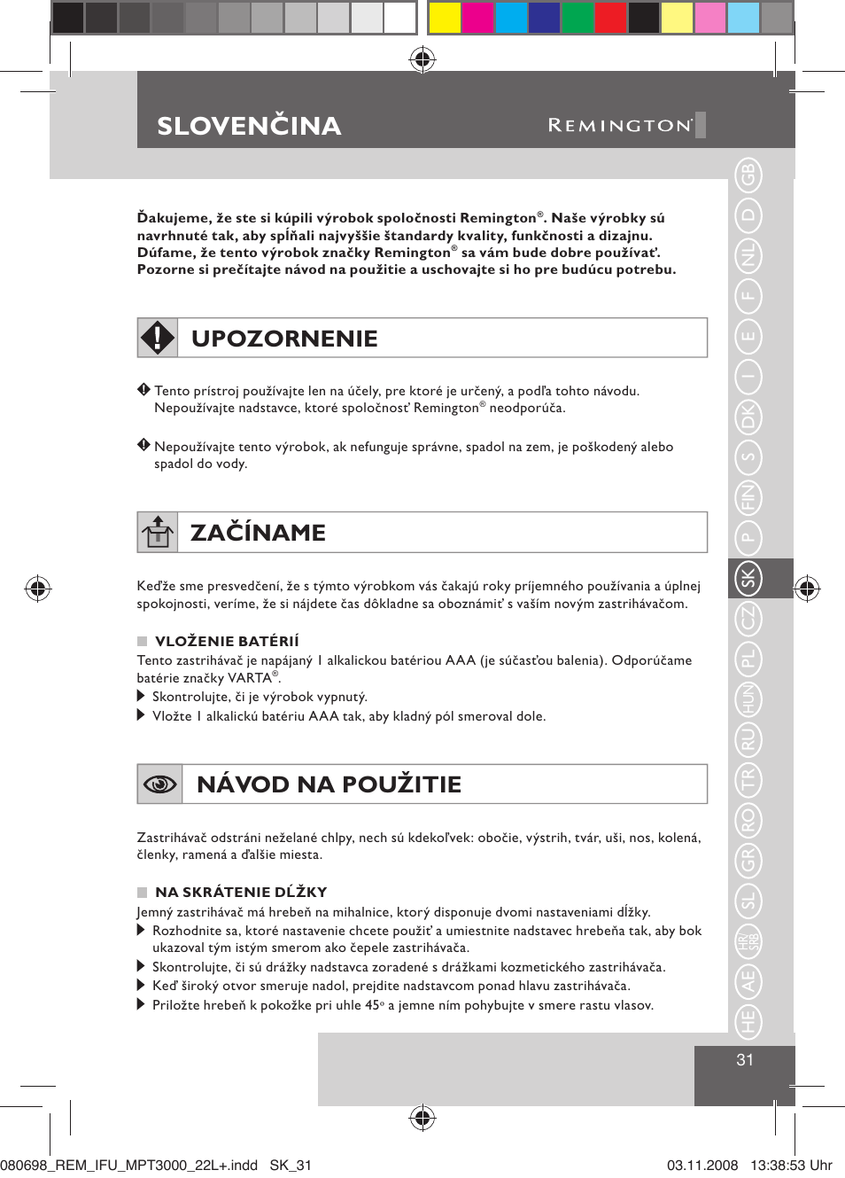 Slovenčina, Upozornenie, Začíname | Návod na použitie | Remington MPT3000 User Manual | Page 33 / 70