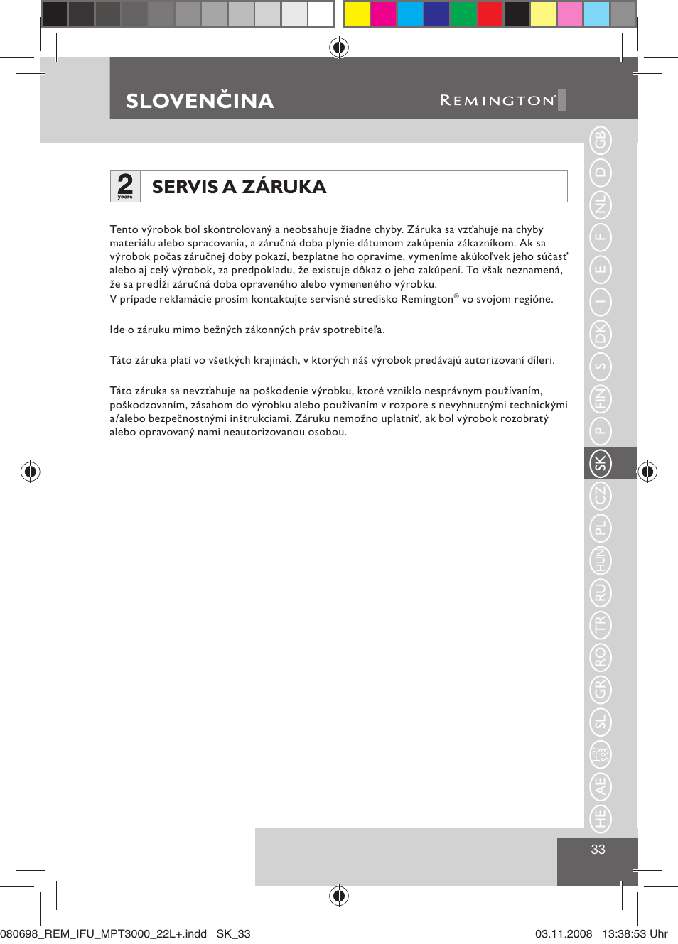 Slovenčina, Servis a záruka | Remington MPT3000 User Manual | Page 35 / 70