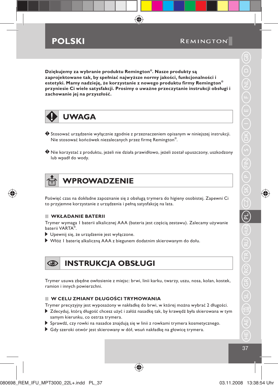 Polski, Uwaga, Wprowadzenie | Instrukcja obsługi | Remington MPT3000 User Manual | Page 39 / 70