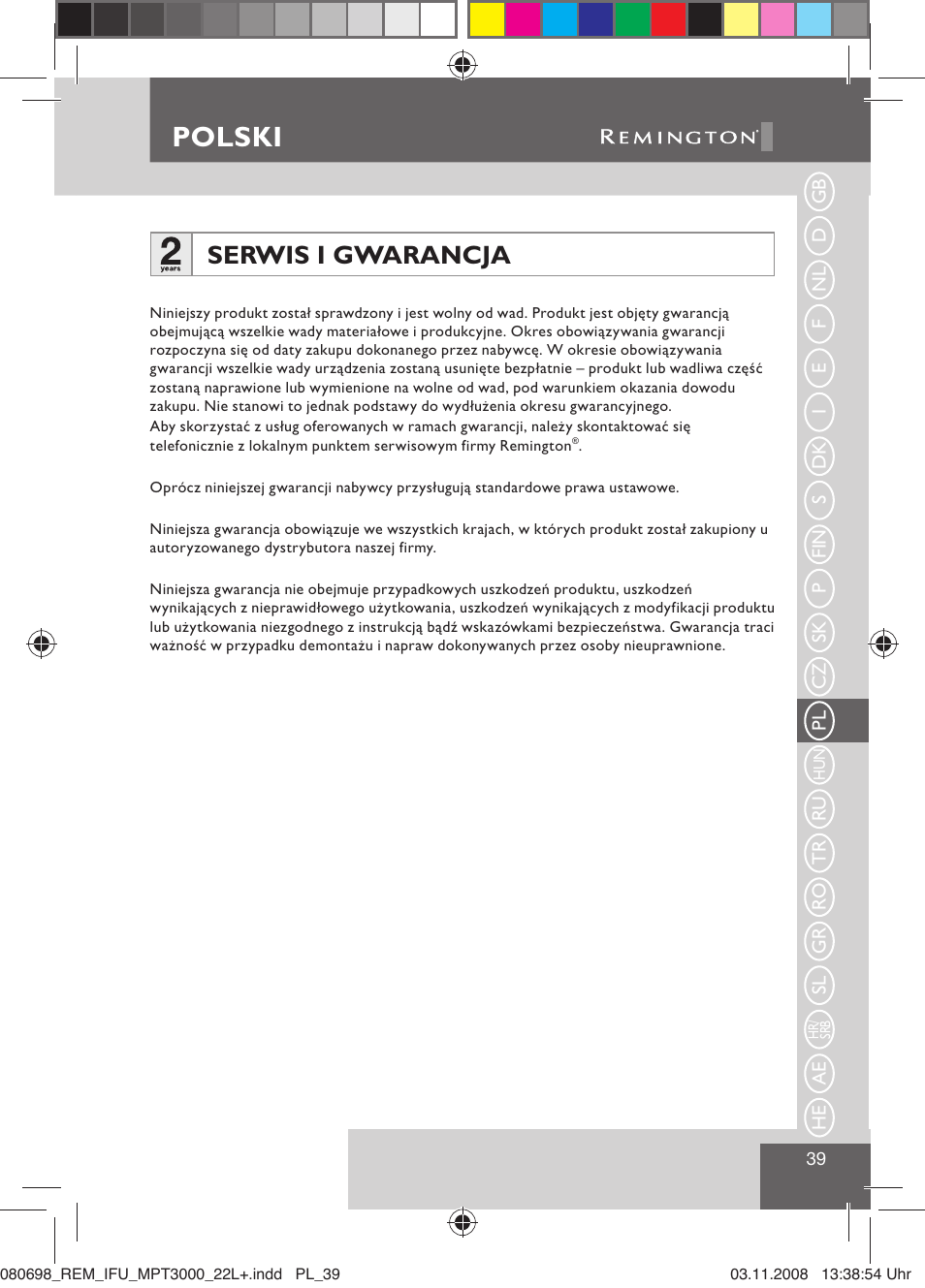 Polski, Serwis i gwarancja | Remington MPT3000 User Manual | Page 41 / 70