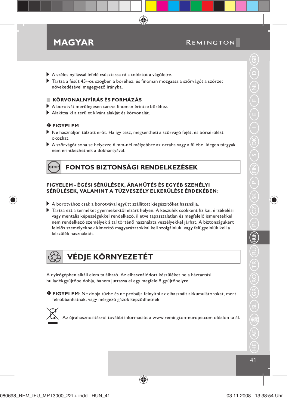 Magyar, Védje környezetét | Remington MPT3000 User Manual | Page 43 / 70