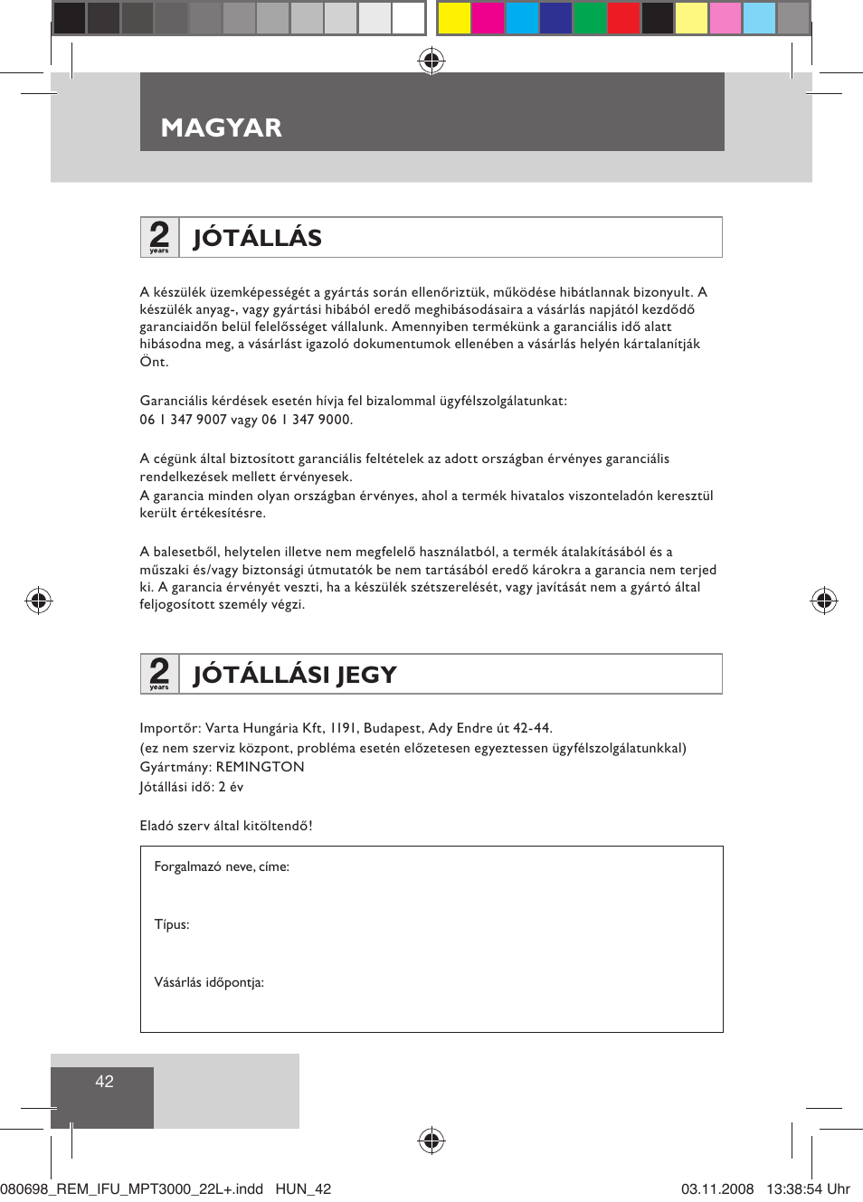 Magyar, Jótállás, Jótállási jegy | Remington MPT3000 User Manual | Page 44 / 70