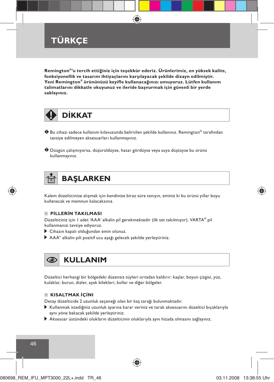 Türkçe, Dikkat, Başlarken | Kullanim | Remington MPT3000 User Manual | Page 48 / 70