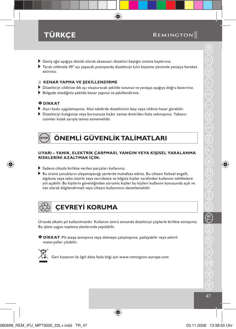 Türkçe, Önemli güvenlik talimatlari, Çevreyi koruma | Remington MPT3000 User Manual | Page 49 / 70