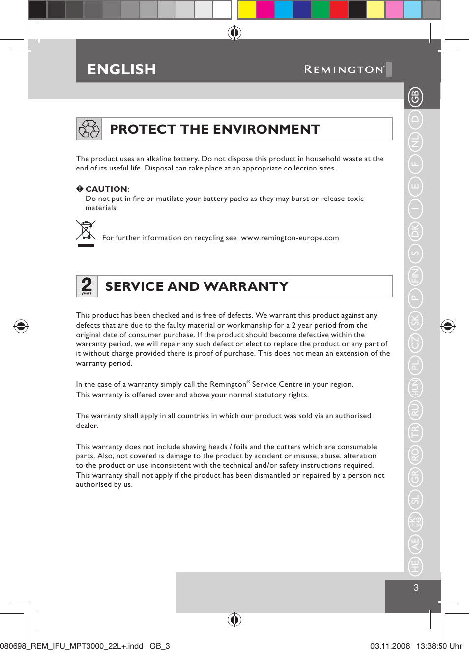 English, Protect the environment, Service and warranty | Remington MPT3000 User Manual | Page 5 / 70